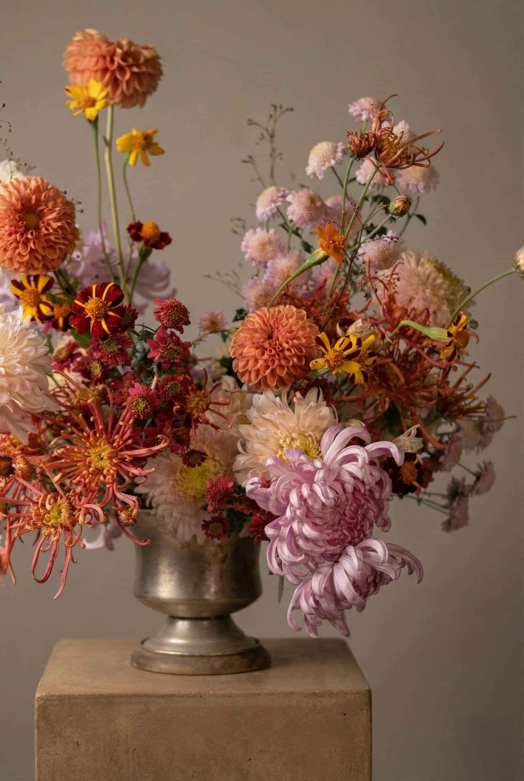 Shaa.Project designer Choice with orange mums and pink Dahlias