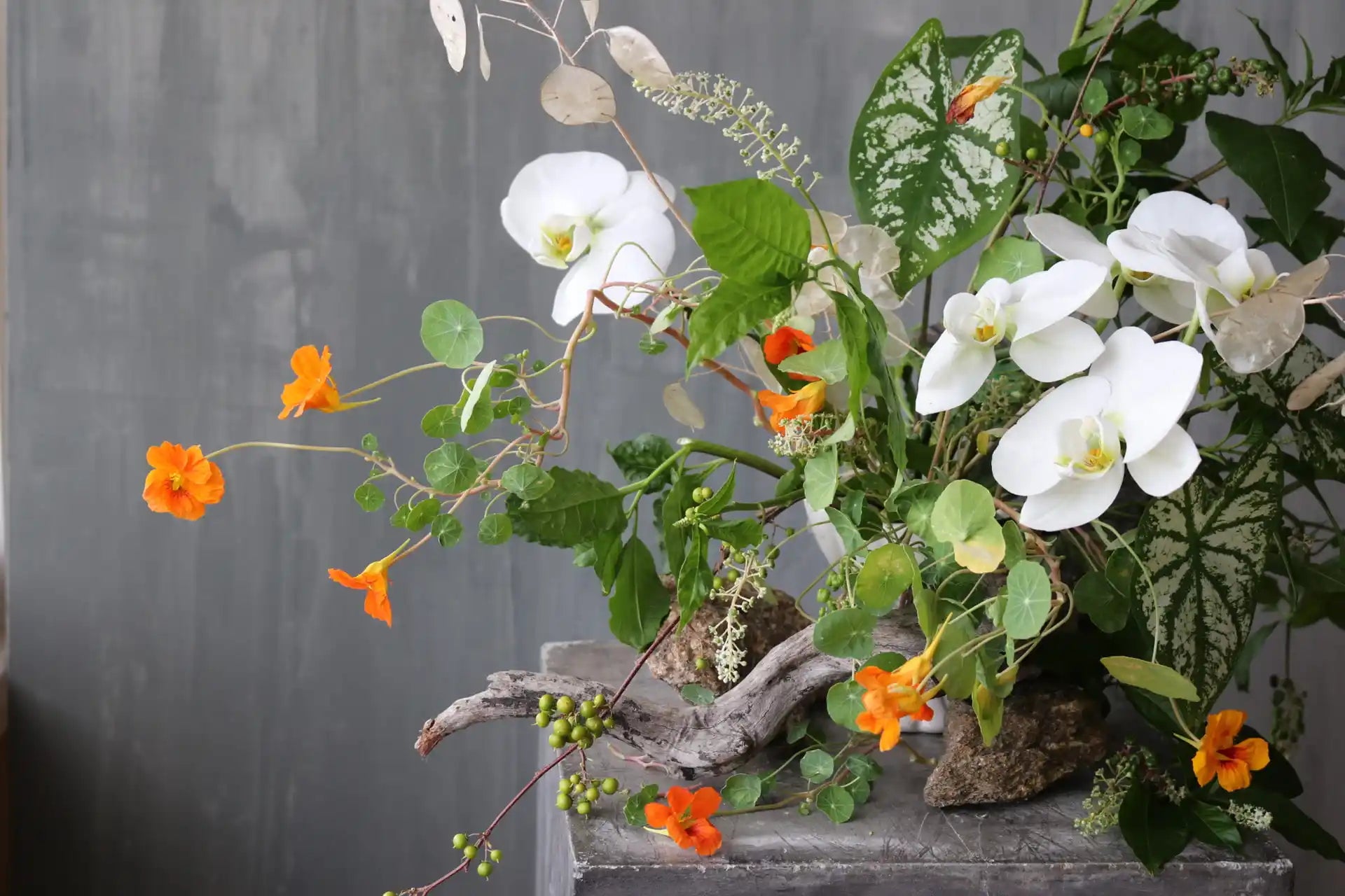 Floral arrangement with white orchids and orange flowers in wild tropic style by Shaa.Project the art studio denver