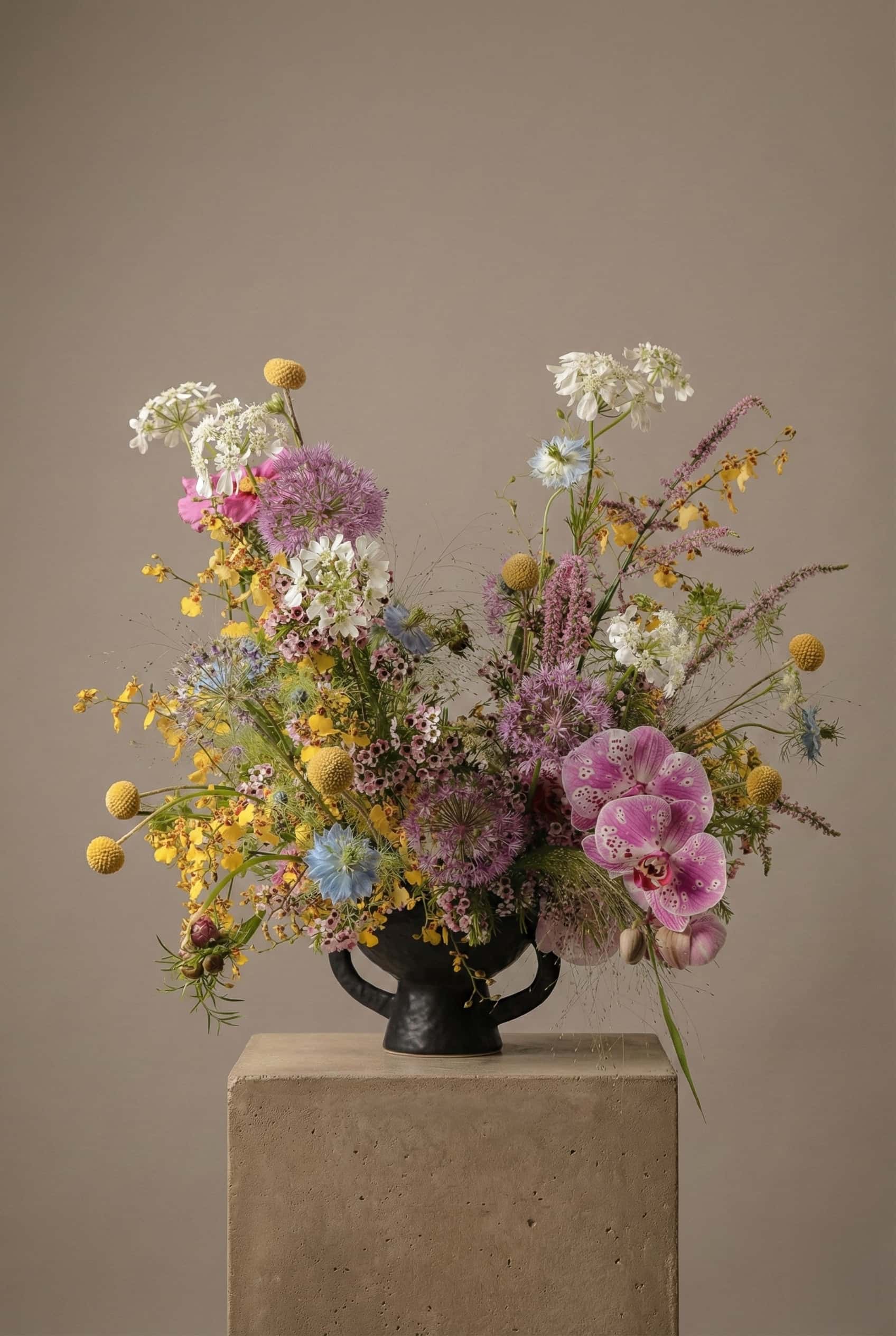 Colorful floral arrangement with orchids, allium, and mixed seasonal wildflowers