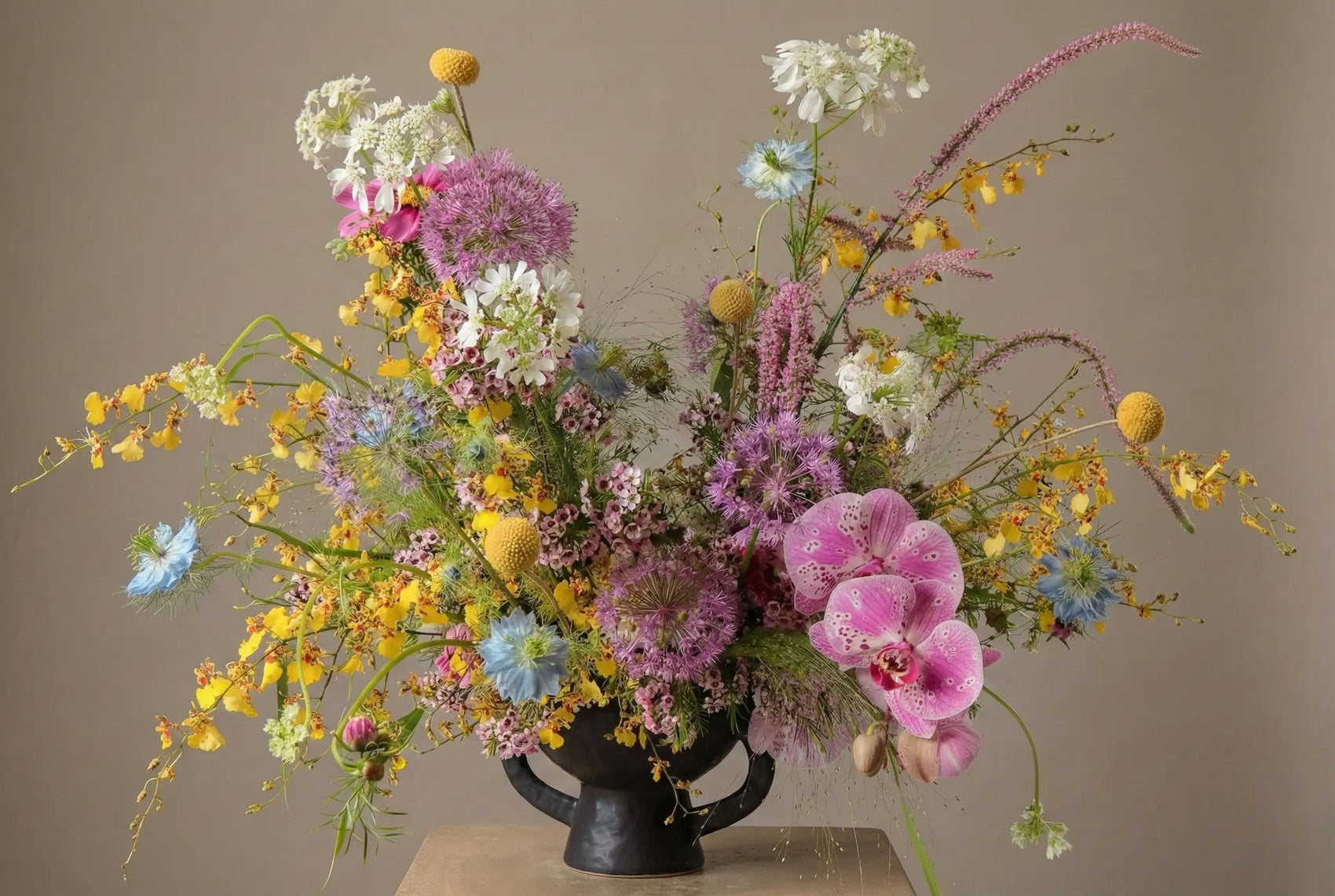 Fireworks flower arrangement with orchids and colorful wildflower-style seasonal blooms
