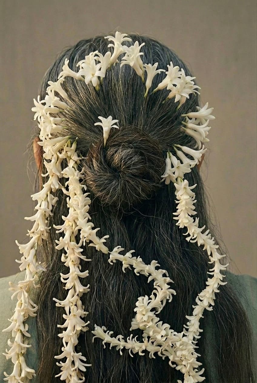 Hair bun with intricate white floral garland on the hair by Shaa.Project Colorado art floral studio