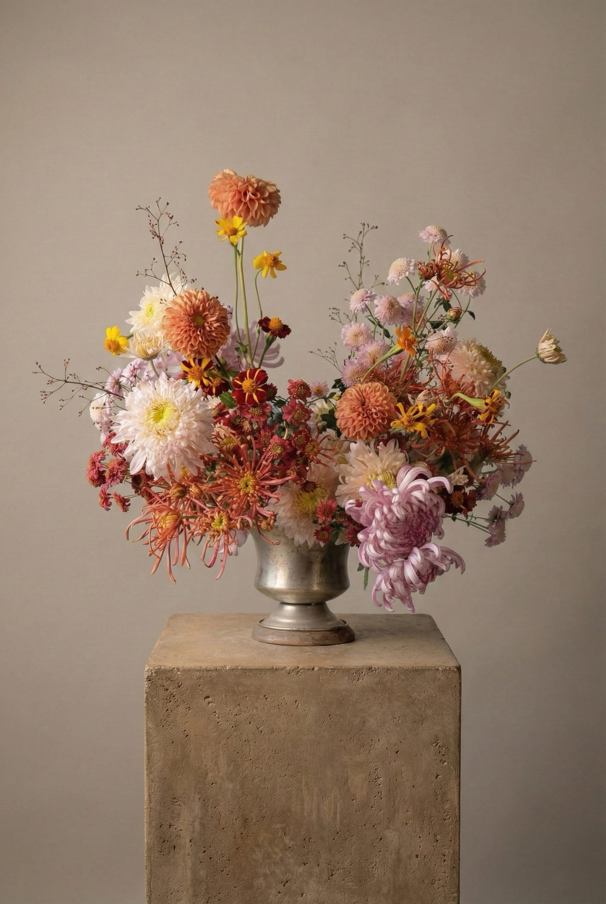 Floral arrangement in a silver vase on a concrete pedestal against a beige background