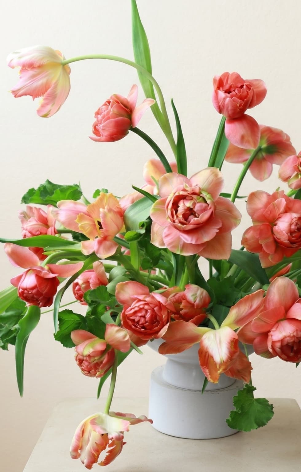 Bouquet of pink and peach fresh tulips in a vase for mother's day flower delivery 