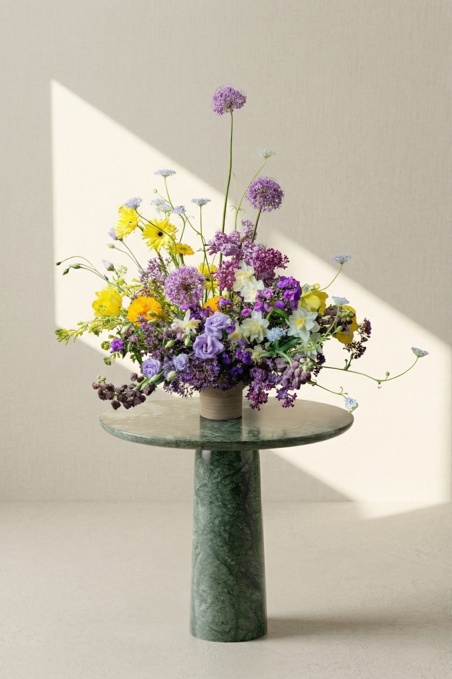 Colorful flower arrangement with lilac and yellow flowers are ready for a flower delivery in Colorado