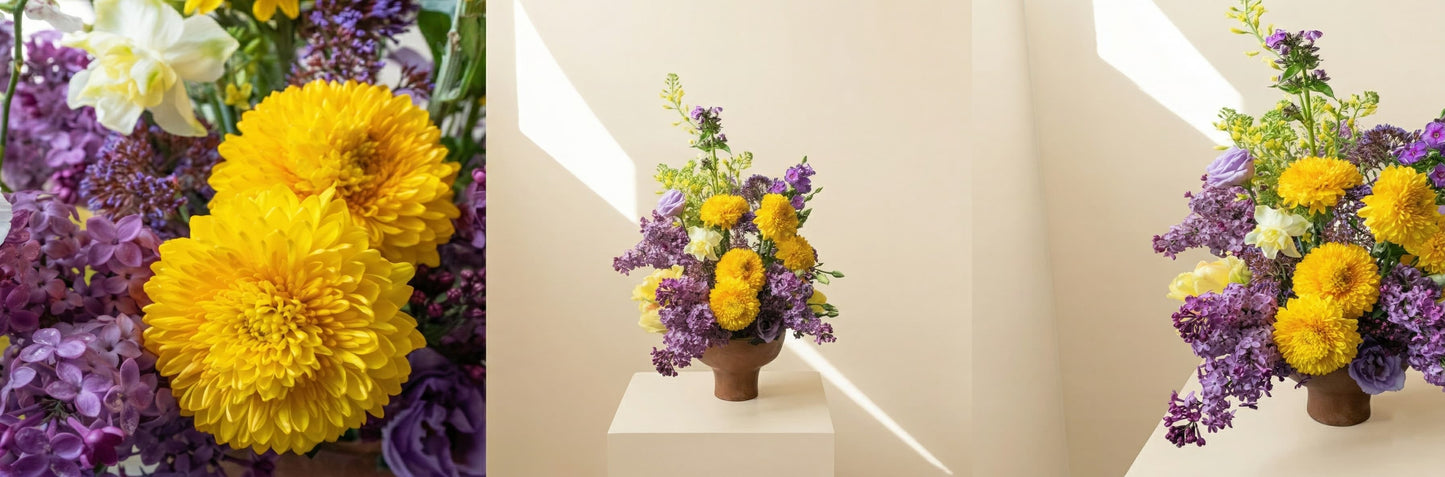 Fresh floral arrangement with yellow and purple flowers is a great gift Mother's Day