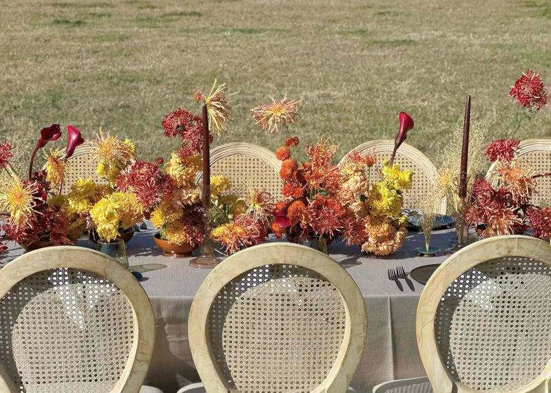 Outdoor setting with a long table set for a meal, featuring floral centerpieces 