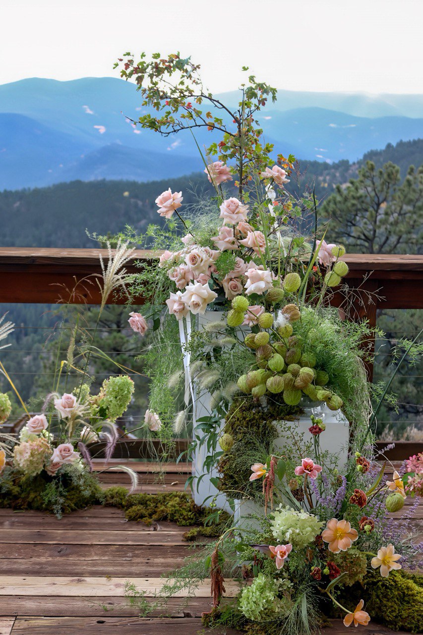 Garden style ceremony floral with roses and tulips, fresh flower Denver florist