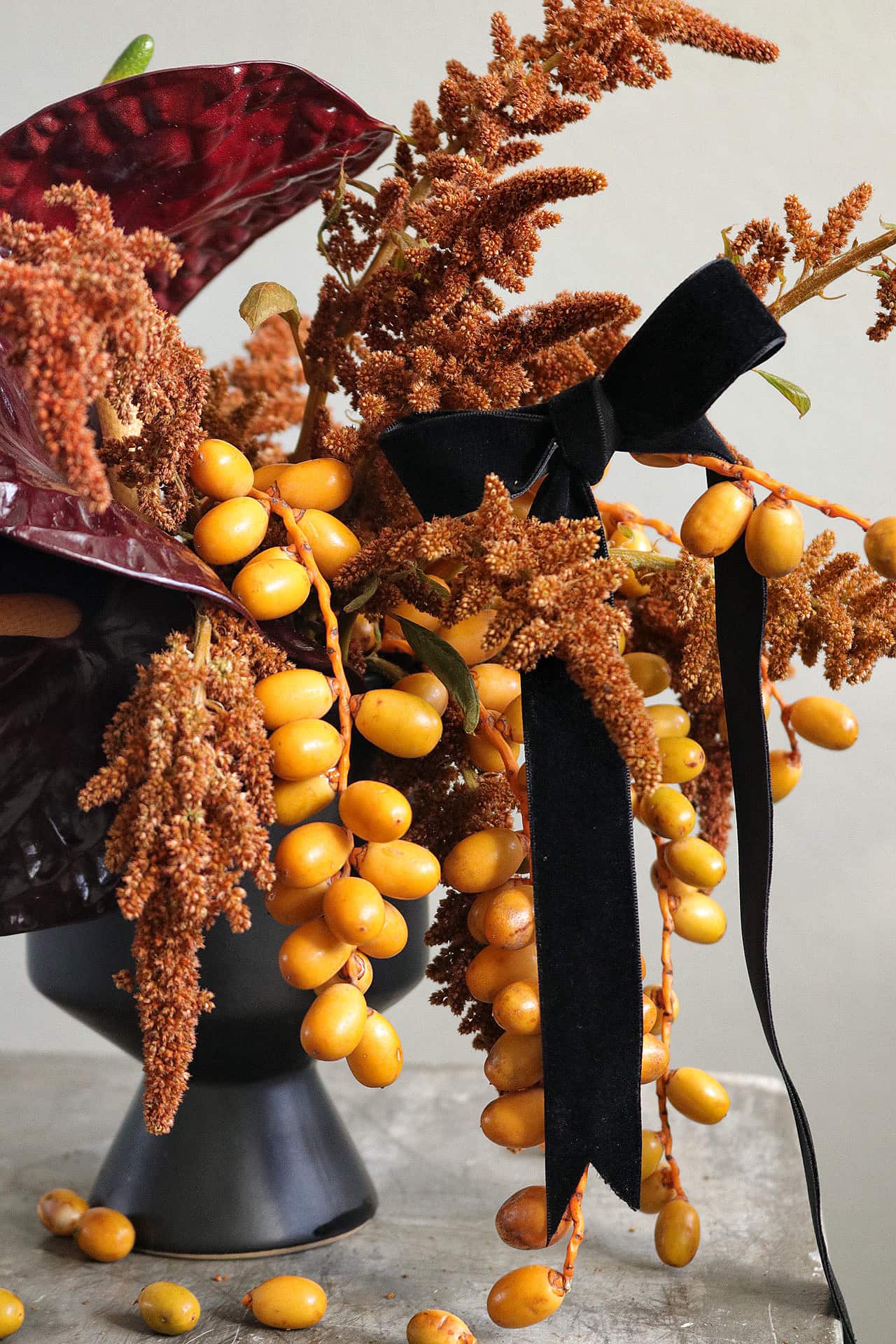 Fall floral arrangement with amaranthus date palm, and anthurium, fresh flowers from Denver flower shop