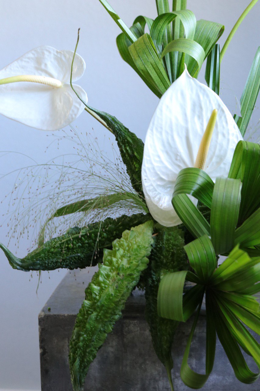 White Vector minimalist bouquet by Shaa.Project featuring a simple, modern floral arrangement with white blooms and green foliage.