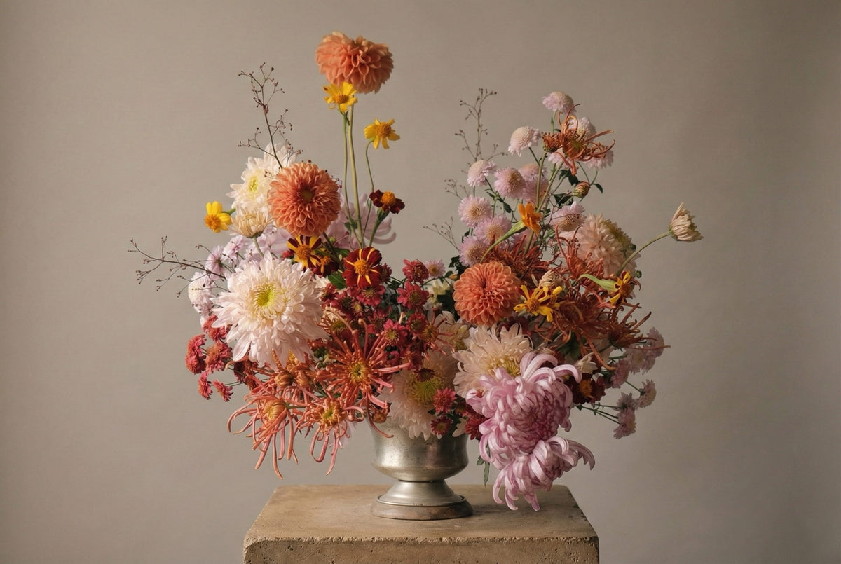 Floral arrangement in a silver vase on a stone pedestal against a plain background