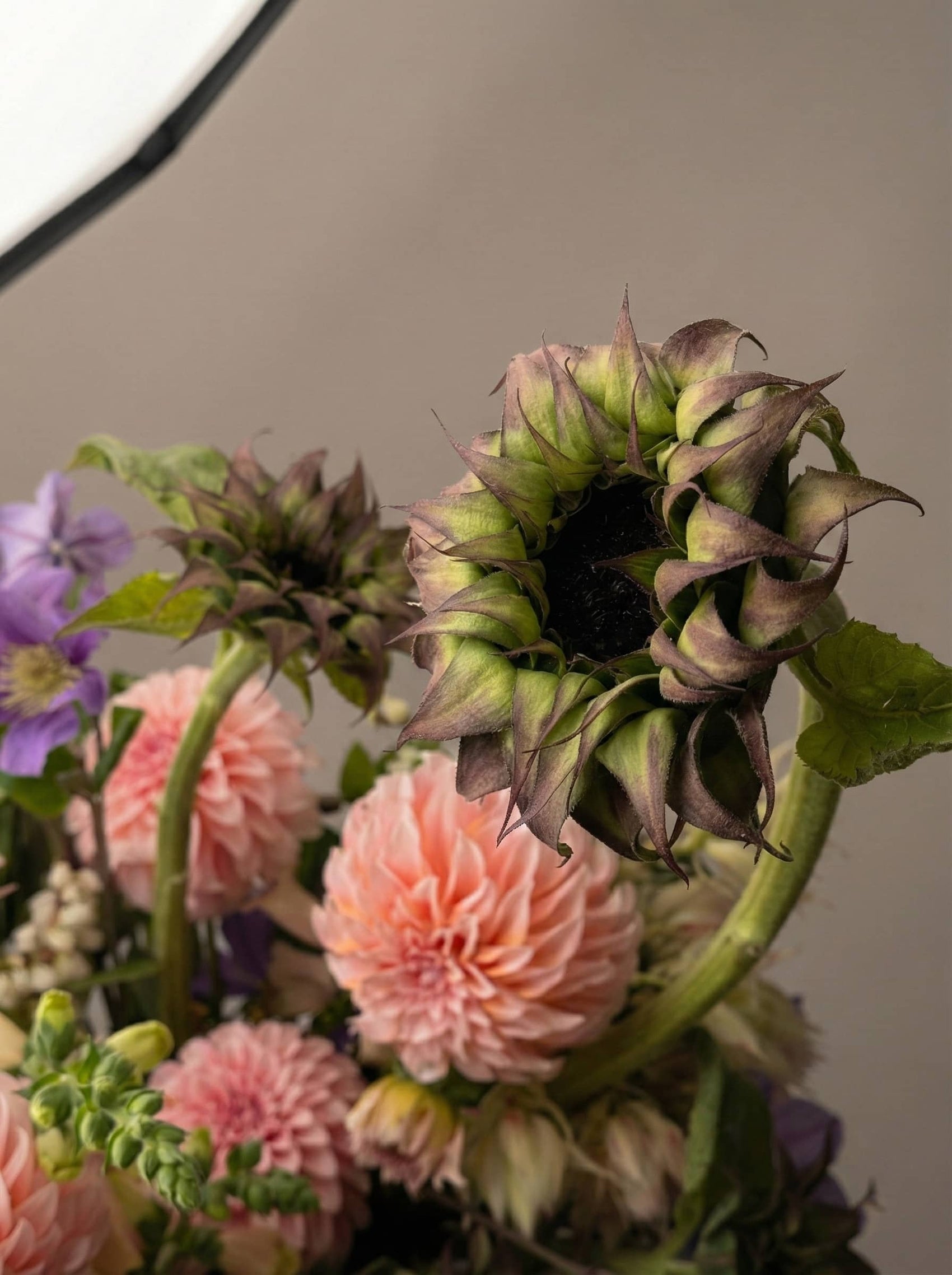 Close-up of Curious Garden floral design with pink dahlias and sculptural garden blooms
