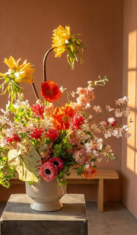 Colorful flower arrangement in a vase with poppies, orchids