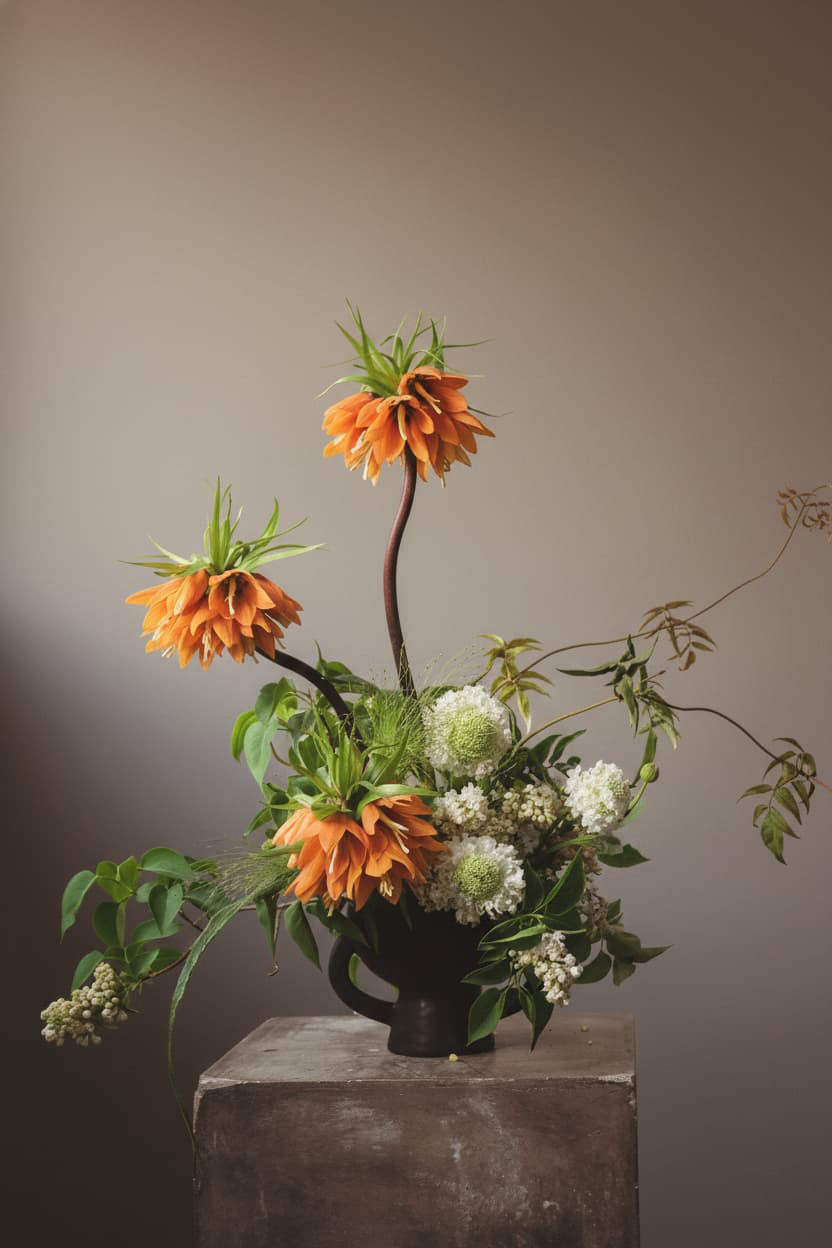 Artful seasonal flower arrangement with orange fritillaria, greenery, and sculptural stems