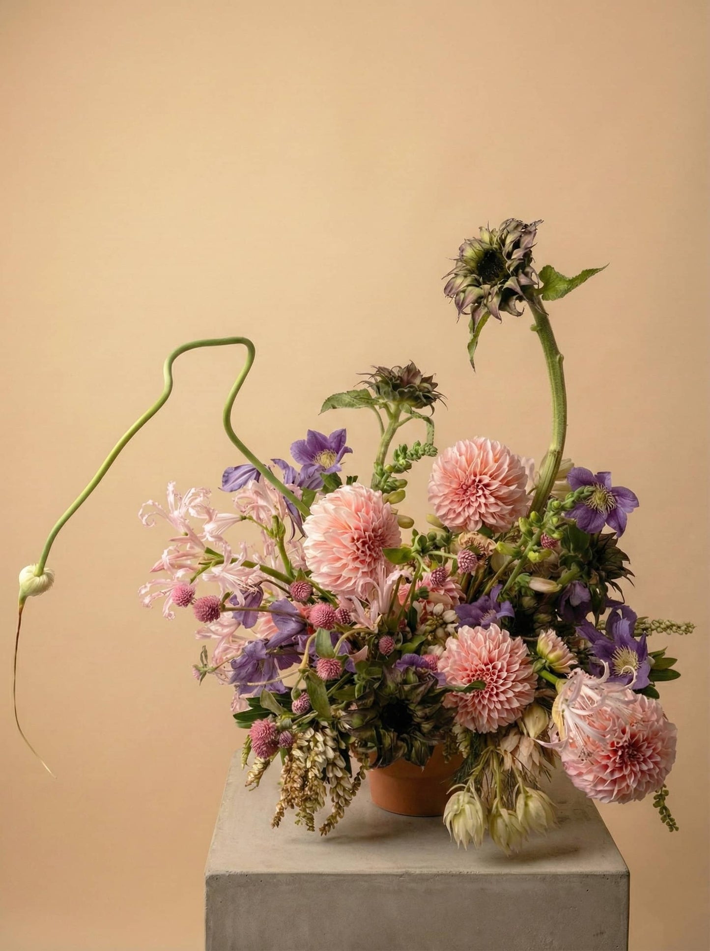 Seasonal designer’s choice flower arrangement with pink dahlias, clematis, and garden-style blooms
