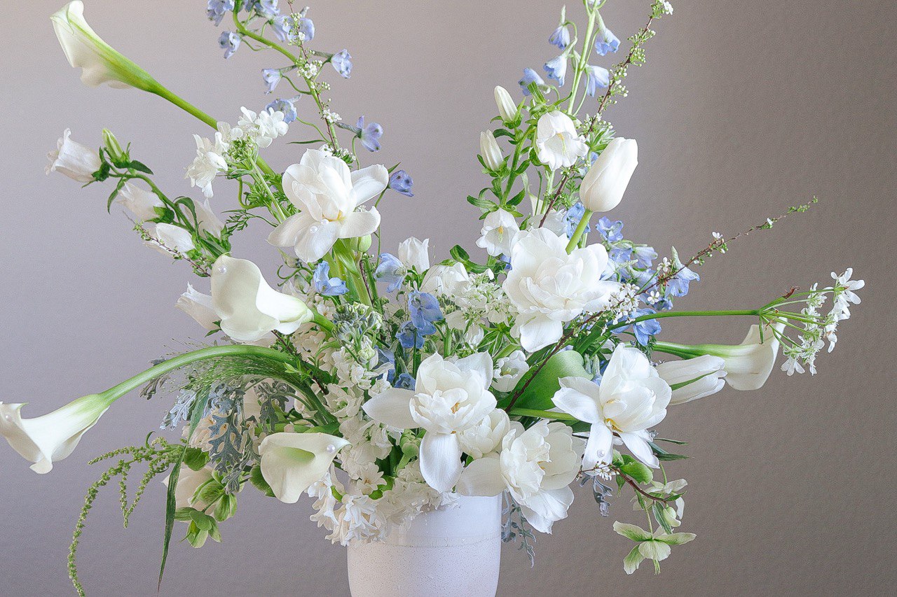 Romantic white and blue floral arrangement for anniversary flowers