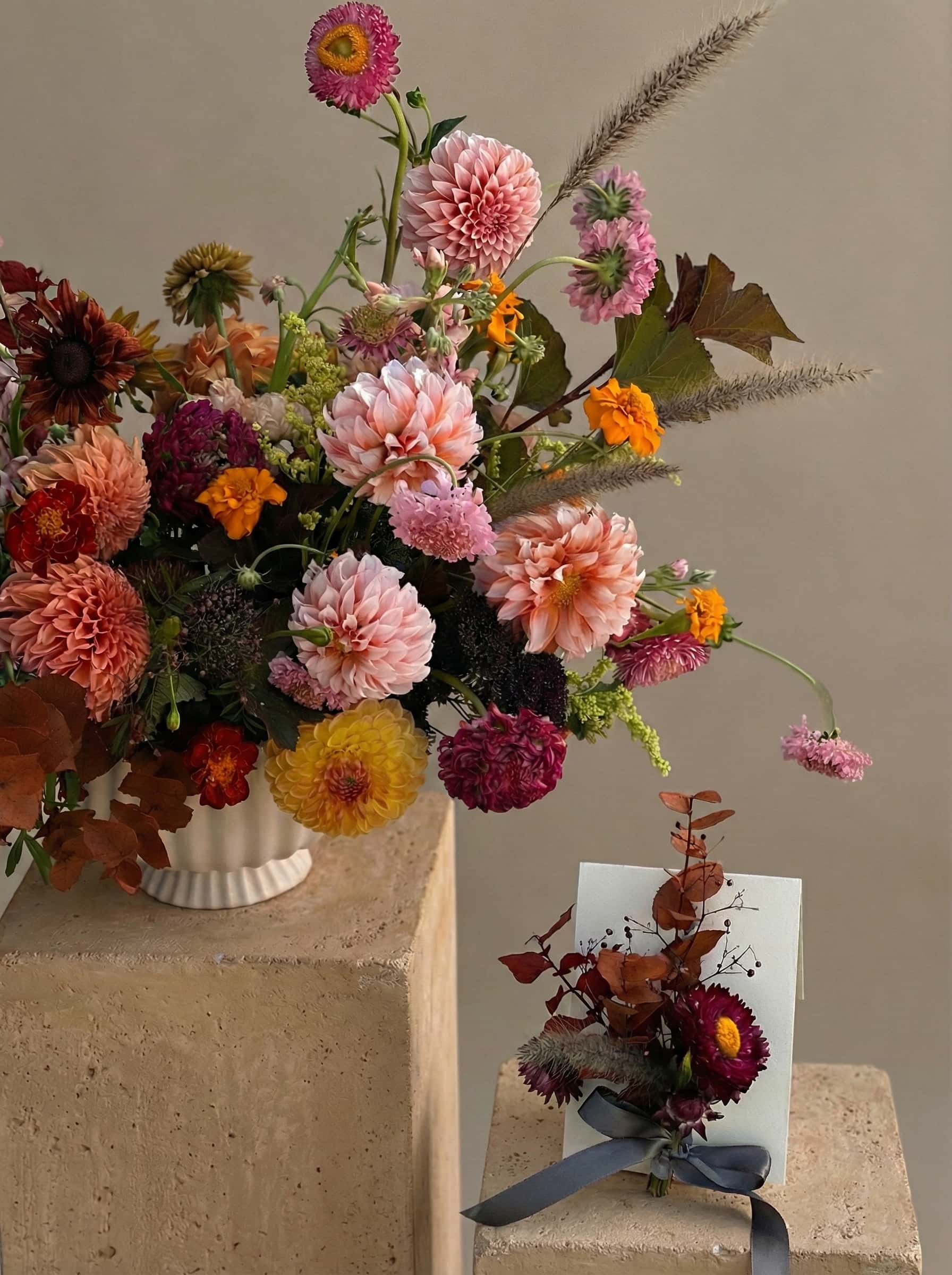 handmade floral message card paired with seasonal flower arrangement