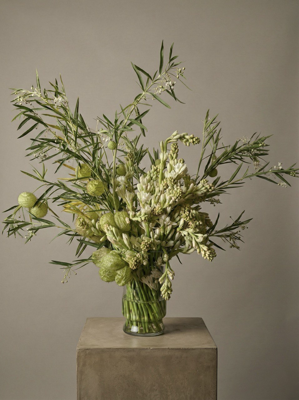 Olive minimalist green floral arrangement with fresh seasonal stems
