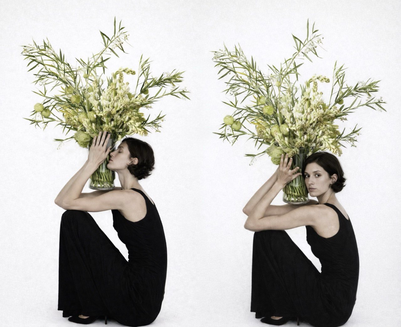 Olive minimalist green flower arrangement with sculptural stems and fresh greenery