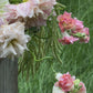 Romantic pink floral arrangement with dahlias and soft garden blooms