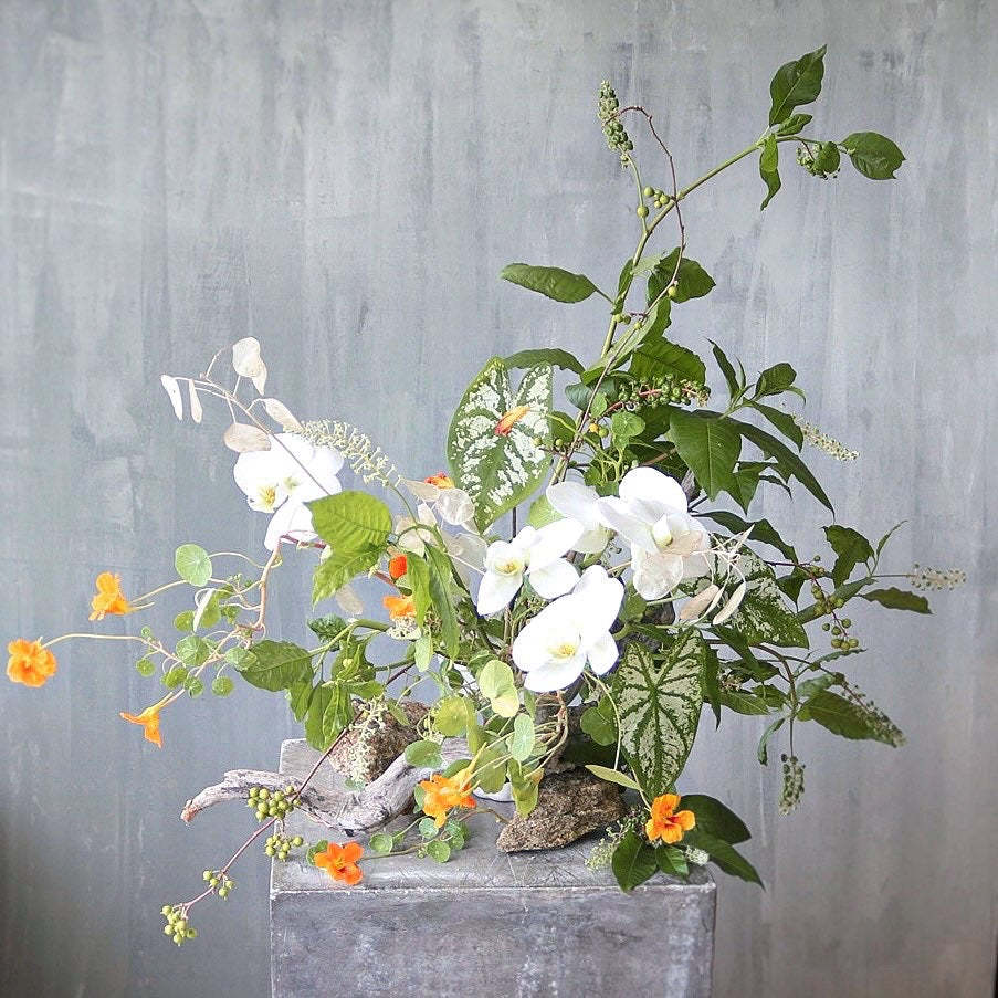 Floral arrangement with white and orange flowers in a concrete planter against a gray background