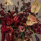 Moody burgundy floral arrangement with anthuriums and seasonal flowers from Shaa.Project flower subscription