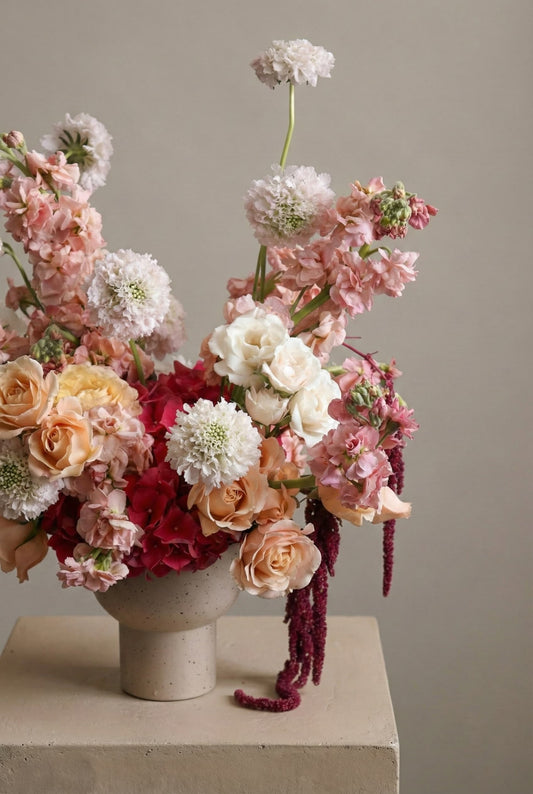 Romantic garden-style floral arrangement with roses and seasonal blooms