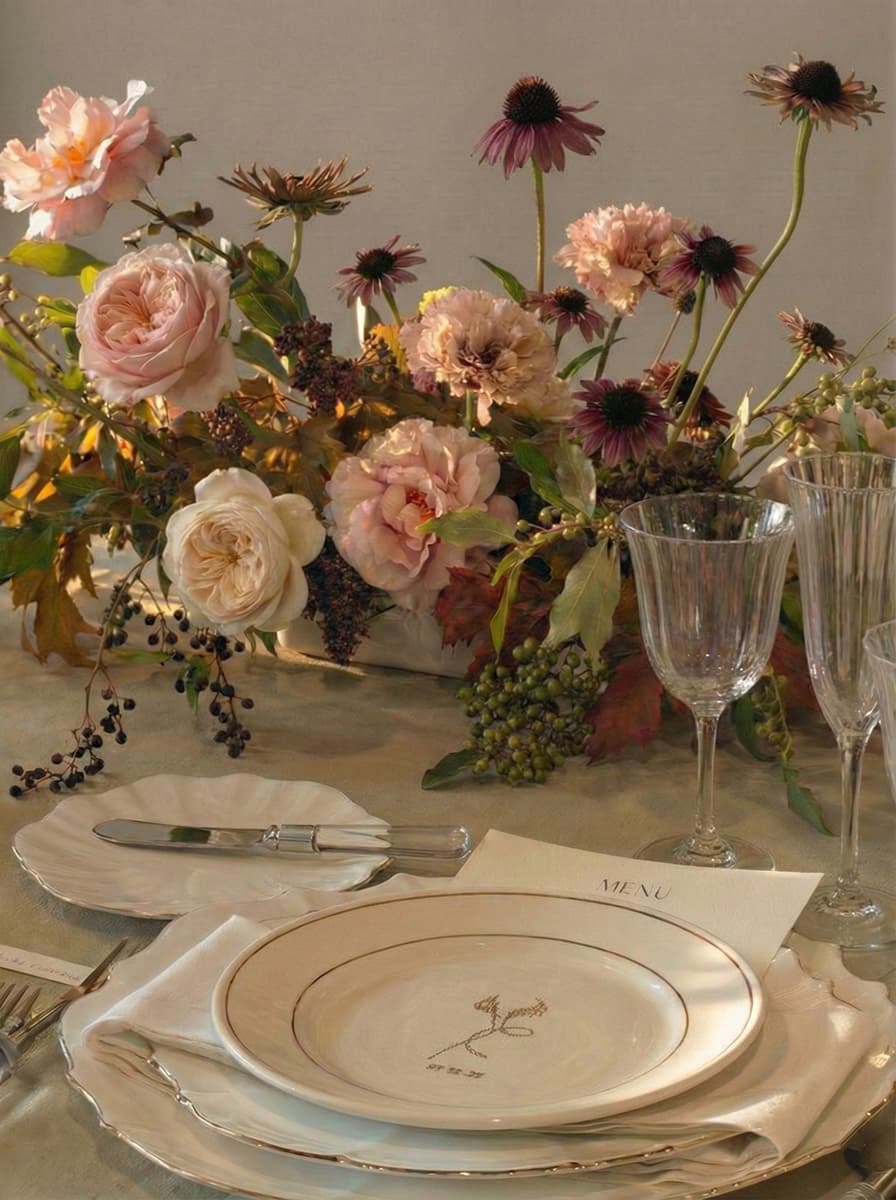Elegant table setting with floral centerpiece, plates, cutlery, and glasses. Denver wedding and art studio